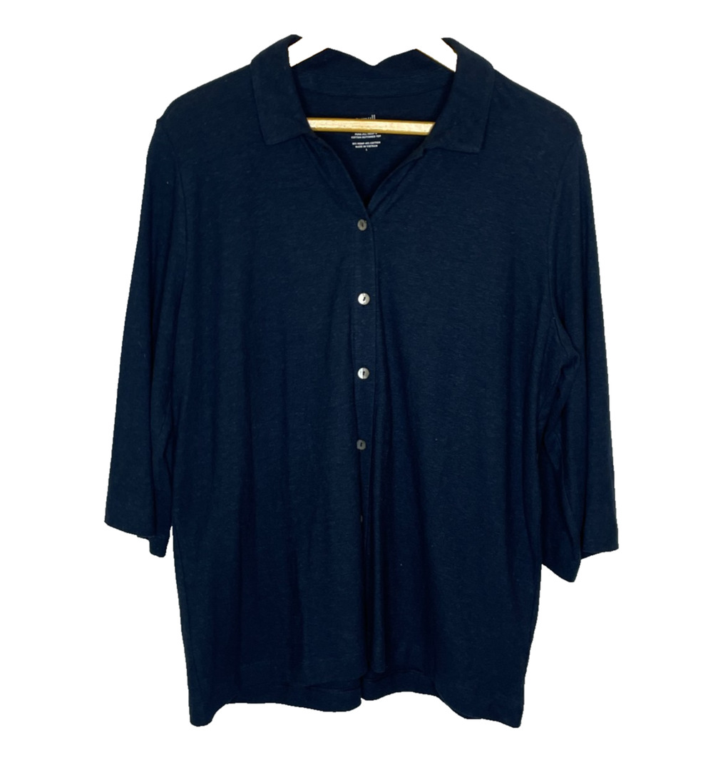 Women's Large J.Jill Hemp Blend Cotton Button Down Navy Blue Collared Shirt NEW